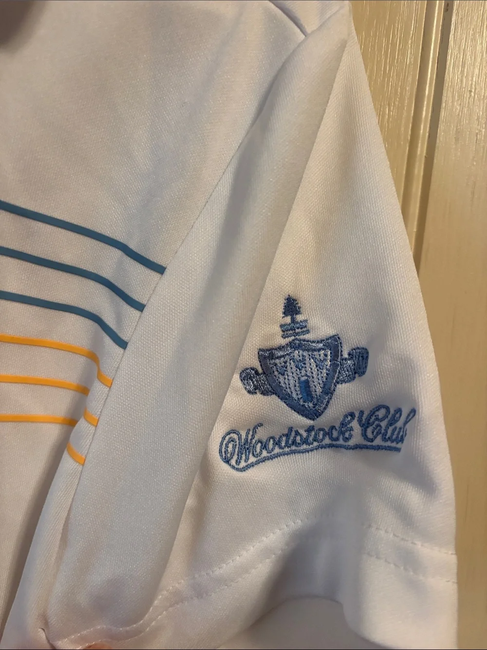 adidas White Polo with Blue and Yellow Chest Stripes and Blue Trim